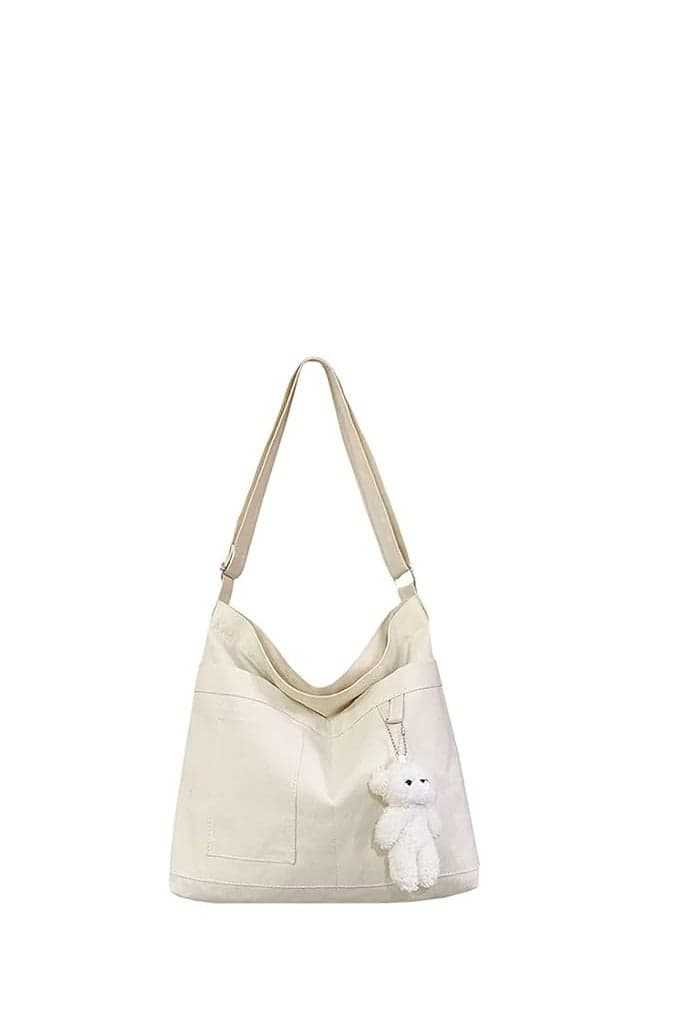 Cotton Canvas Tote Bag, Reusable Womens Shoulder Bag, Crossbody Handbag with 3 External Pocket, Zipper Closure, Large Capacity, for Work, School, Travel, Shopping and Beach