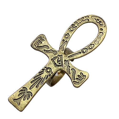 RechicGu Vintage Golden Egyptian Ancient Ankh Key of Life Cross Ring Cleopatra Adjustable Band Ankara Hieroglyphic Carved Symbol of Protection Amulet Jewelry