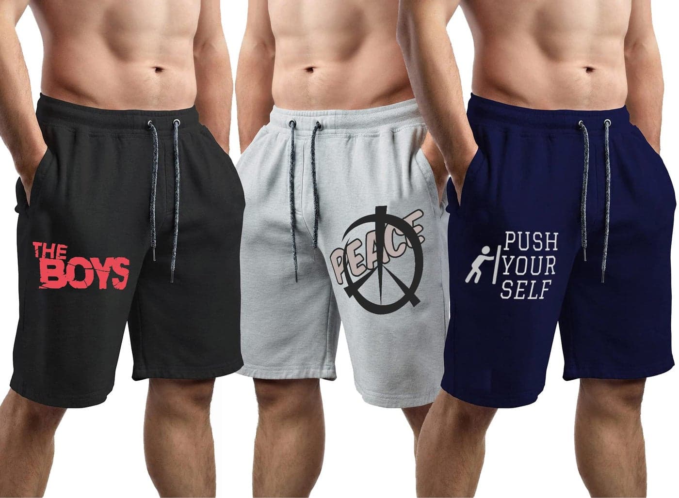 hotfits Men Black, Grey & Blue Cotton Regular Shorts for All Season- Running, Gym, Workout, Yoga Shorts - Pack of 3 -S