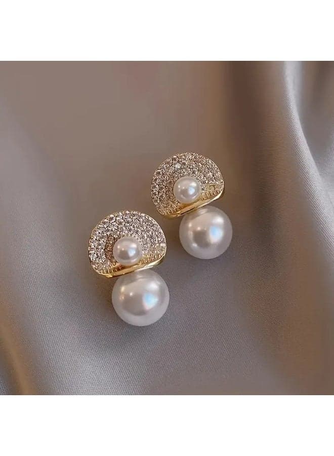 Elegant Geometric Double Pearl Stud Earrings for Women – Gold-Tone Zinc Alloy, Sparkling Crystal Accents, Ideal for Daily Wear & Gifts