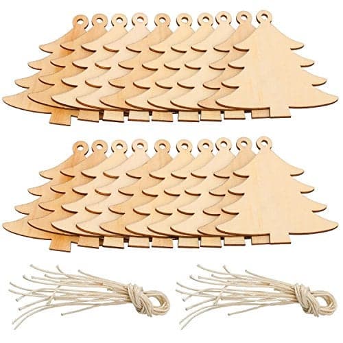 Pangda 20 Packs Wooden Christmas Tree Cutouts Embellishments Hanging Ornaments with 20 Packs Strings for Wedding Craft Christmas Decoration