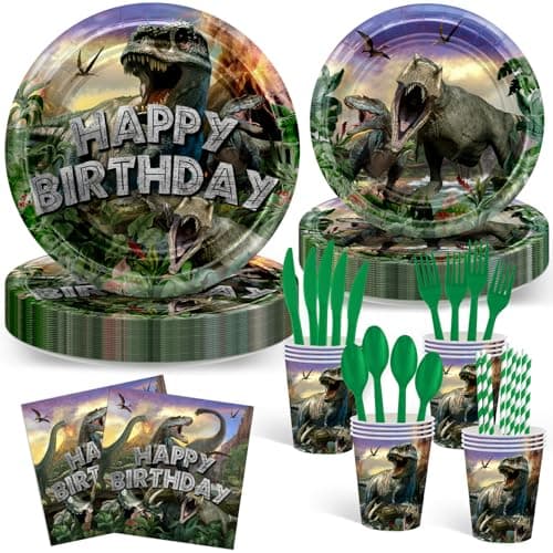 Avezano 192 Pcs Dinosaur Birthday Party Supplies Jurassic Dinosaur Plates and Napkins for Birthday Party Dinosaur Theme Birthday Party Decoration for Kids Serves 24