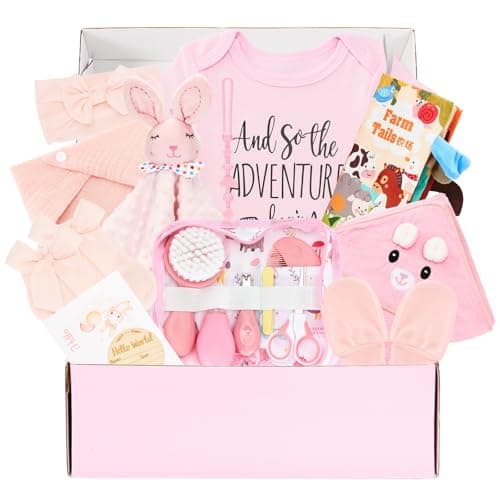 Defresit 13Pcs New Mom Gifts for Women, Newborn Gift with Swaddle Blanket & Pink Bunny, Baby Gift Basket for Couple, New Parents, Baby Shower, Gender Reveal, First Time Mom & Dad Essentials