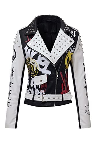 RISISSIDA Studded Leather Jacket Women Moto Motorcycle Faux Leather Short Coat Black-white 0477 M