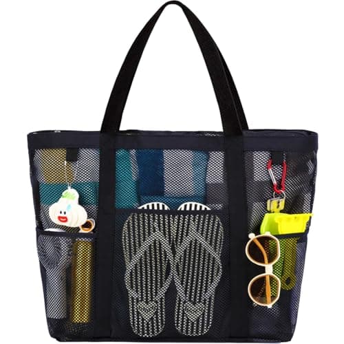 Fammart Mesh Beach Bag with Zipper for Women Large Beach Tote Sandproof Toys Pool Swim Bag Travel Vacation Cruise Essentials