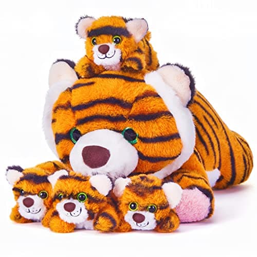 EARTHSOUND Tiger Mom and Baby Stuffed Animal Mommy Plush Toy16Cute Small Mama Soft Toys with Mini Little BabiesFamily Set Gifts for Kid