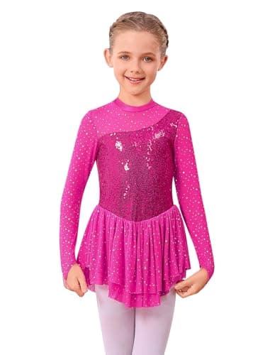 ODASDO Figure Skating Dress for Girls Ice Skating Kids Teenager Girl Mesh Long Sleeve Sparkly Rhinestones Sequin Skirted Leotard Gymnastics Competition Ballet Outfit Dancewear Hot Pink 910 Years