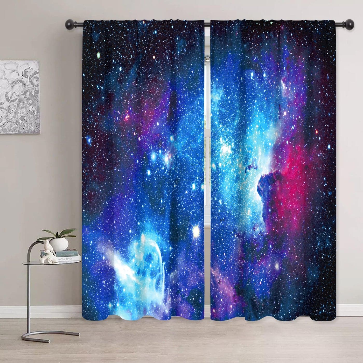 Riyidecor Galaxy Outer Space Nebula Curtains 2 Panels 42 x 72 Inch Blue Rod Pocket Universe Planet Fantasy Starry Black Art Printed Living Room Bedroom Window Drapes Treatment Fabric WWCLLE