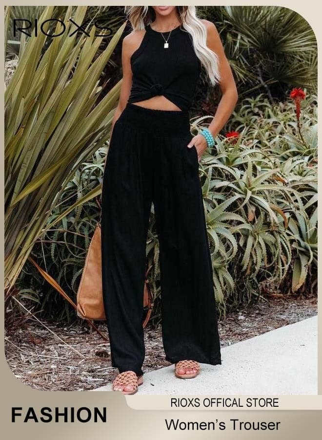Women Casual Pants, Wide Leg Cotton Linen Trouser, Comfy Elastic High Waist Pant With Side Pockets, Long Lounge Pants, Comfy Beach Pants For Women, Ladies Flowy Trouser For Work/ Shopping/ Holiday/ Everyday Wear