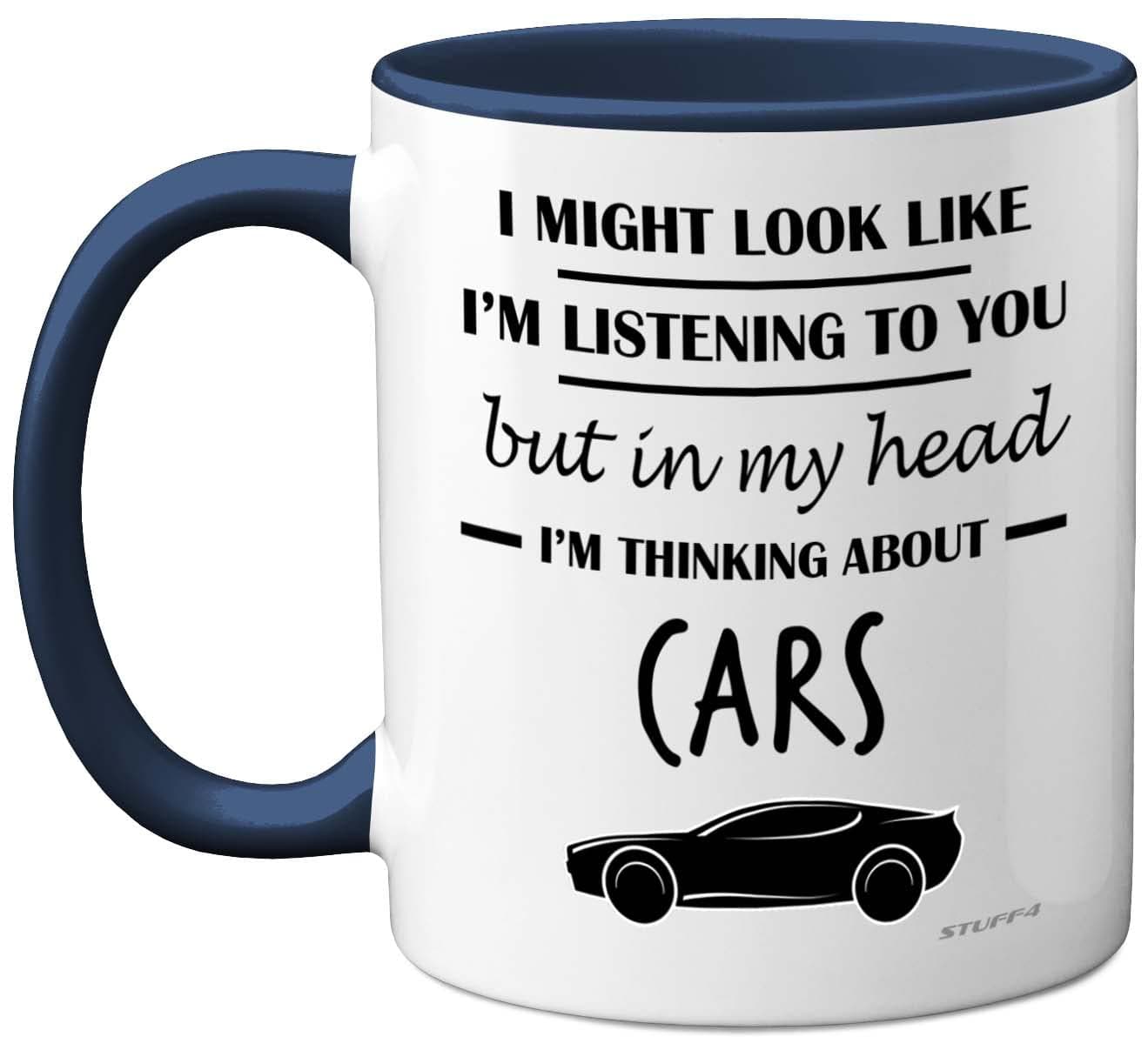 Stuff4 Gifts for Car Enthusiasts in My Head Im Thinking About Cars Funny Classic Mug Gifts for Lovers Petrol Head 11oz Ceramic Dishwasher Safe Premium Navy Handle Mugs