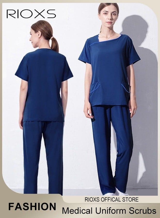 Unisex Medical Uniform Scrubs for Women And Men Scrubs Set Medical Scrubs Short Sleeve Top and Pants, Soft Blue Stretch V-Neck Top And Trousers, Hospital Nurse Scrubs Set, Dentist Clinic Uniform Unisex, Pharmacy Technician Workwear