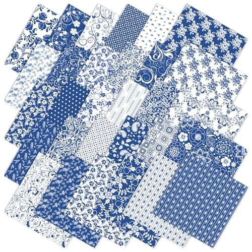 Whaline 60 Pcs Flower Cotton Fabric Bundles Blue White Floral Fabric Squares Chinoiserie Flower Mini Sewing Fabrics for DIY Handmade Crafting Party Decor 5 x 5 Inch