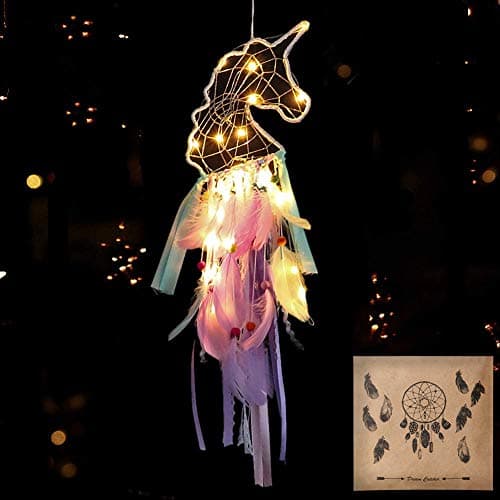 Dremisland Light Up Unicorn Dream Catcher Room Decor Gift - Purple Pink Green Feather Hanging for Party Supplies, Kid's Room, Tent (LED)