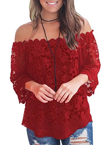 MIHOLL Blouses for Women Casual Loose Off The Shoulder Tops Shirt (Wine Red, Large)