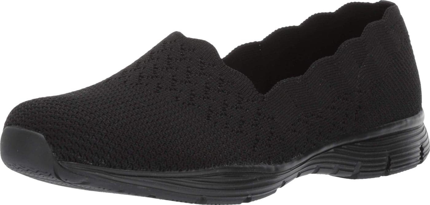 Skechers Modern Comfort Women's Women's Seager-Stat-Scalloped Collar, Engineered Skech-Knit Slip-on-Classic Fit Loafer, Black/Black, 10 W US