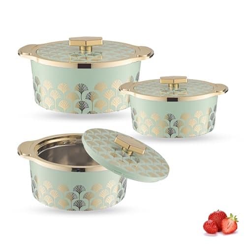 Trueware Floraa Fine Inner Steel Casserole Set of 3, 750,1000 & 1500 ml Green | PU Insulated | BPA Free | Odour Proof | Food Grade | Ideal for Chapatti | Roti | Curd Maker | Thermoware | Hot Pot