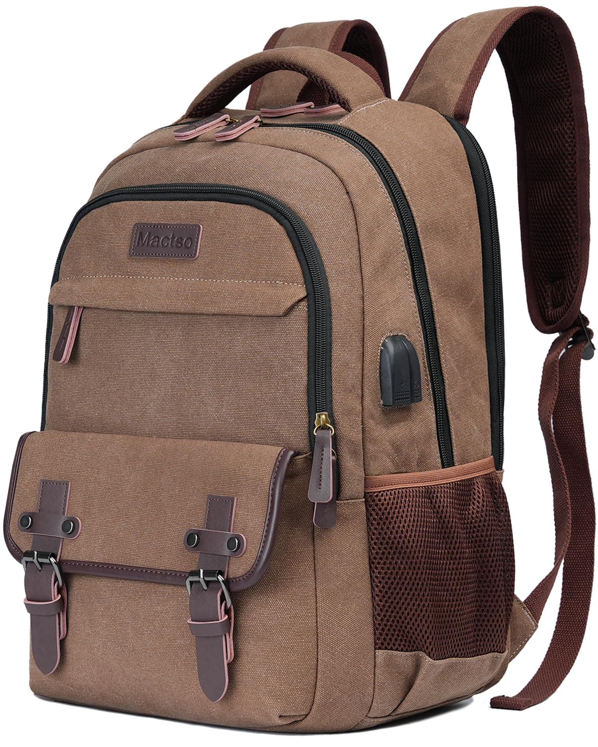 Mactso Canvas Travel Laptop Backpack for Men Women, Business Work Rucksack College School Computer Bag Fits 15.6 Inch Notebook,Bookbag with USB Charging Port (Coffee, 15.6 Inch)
