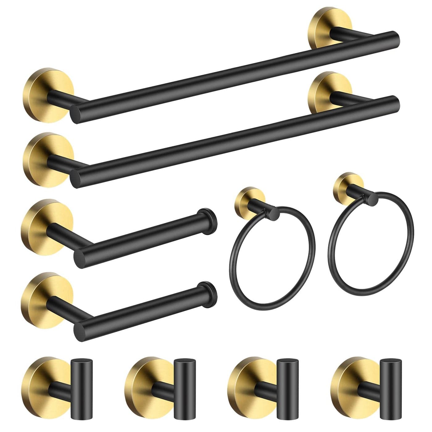Hinmood Bathroom Hardware Set Black and GoldTowel Bar Set Including 2pcs 16inch Towel Bars 2pcs Toilet Paper Holders 2pcs Towel Rings and 4pcs Robe Towel Hooks