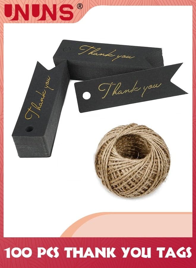 100 PCS Thank You Tags,Thank You Labels With Strings,30m Jute Twine And Kraft Paper Gift Tags,Great For Diy,Arts And Crafts,Wedding,Party Favors,Baby Shower,Small Business(Black)