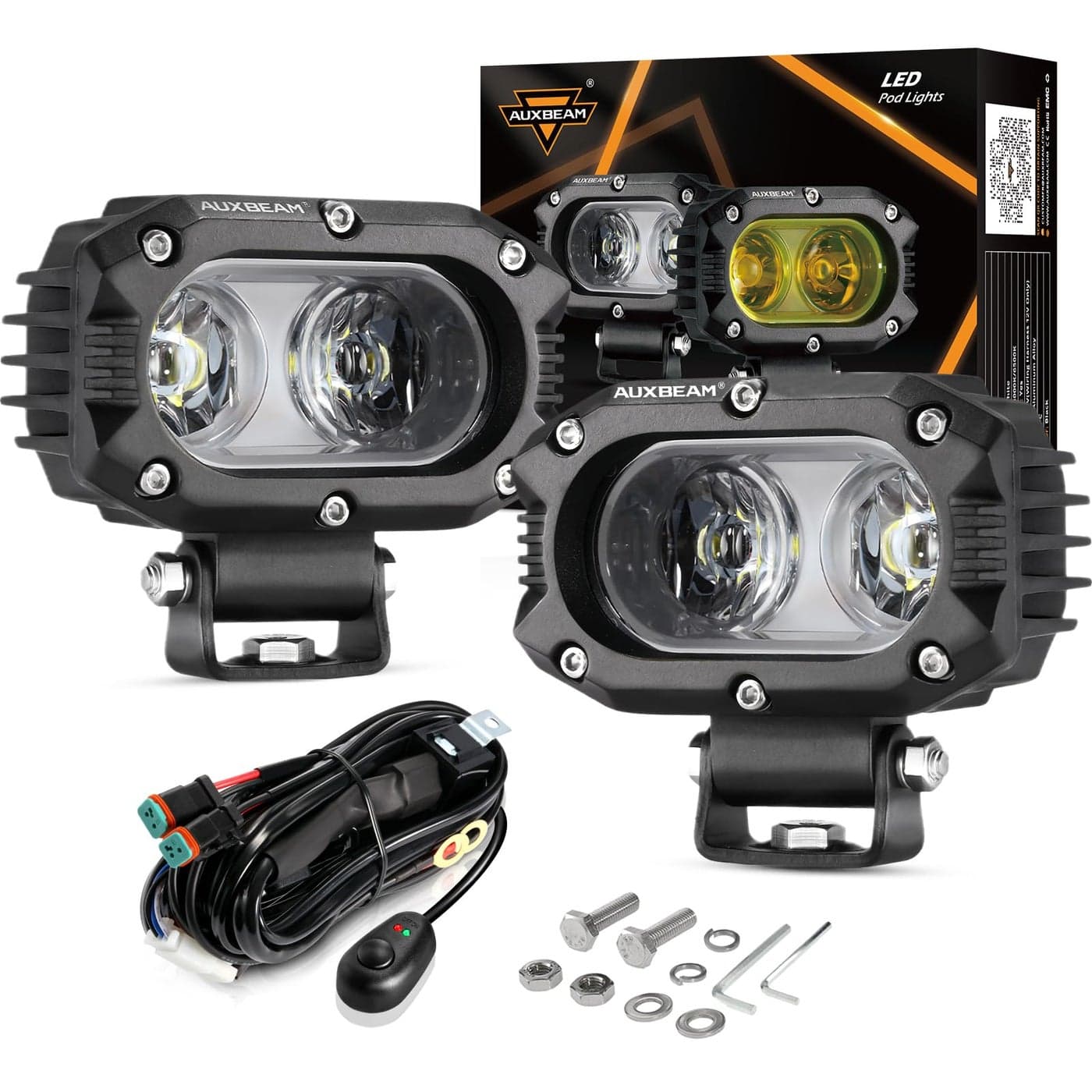 Auxbeam 4 Inch LED Light Pods 60W Square Offroad Driving Light Super Bright 120 White Broad Flood Beam Pods Light with Off Road Wiring Harness for Wrangler Truck Pickup SUV ATV UTV 2 Pcs