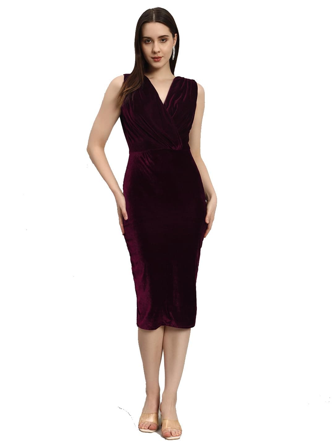 Vaararo Sleeveless Bodycon Party Dress for Women | Deep V-Neck Shiny Velvet Knee Length Outfit Scarlet Wine Small