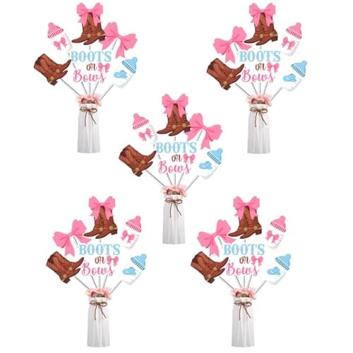 Funmemoir Boots or Bows Gender Reveal Decorations 24PCS Boots or Bows Centerpiece Sticks Western Cowboy or Cowgirl He or She Gender Reveal Baby Shower Pregnancy Announcement Table Toppers