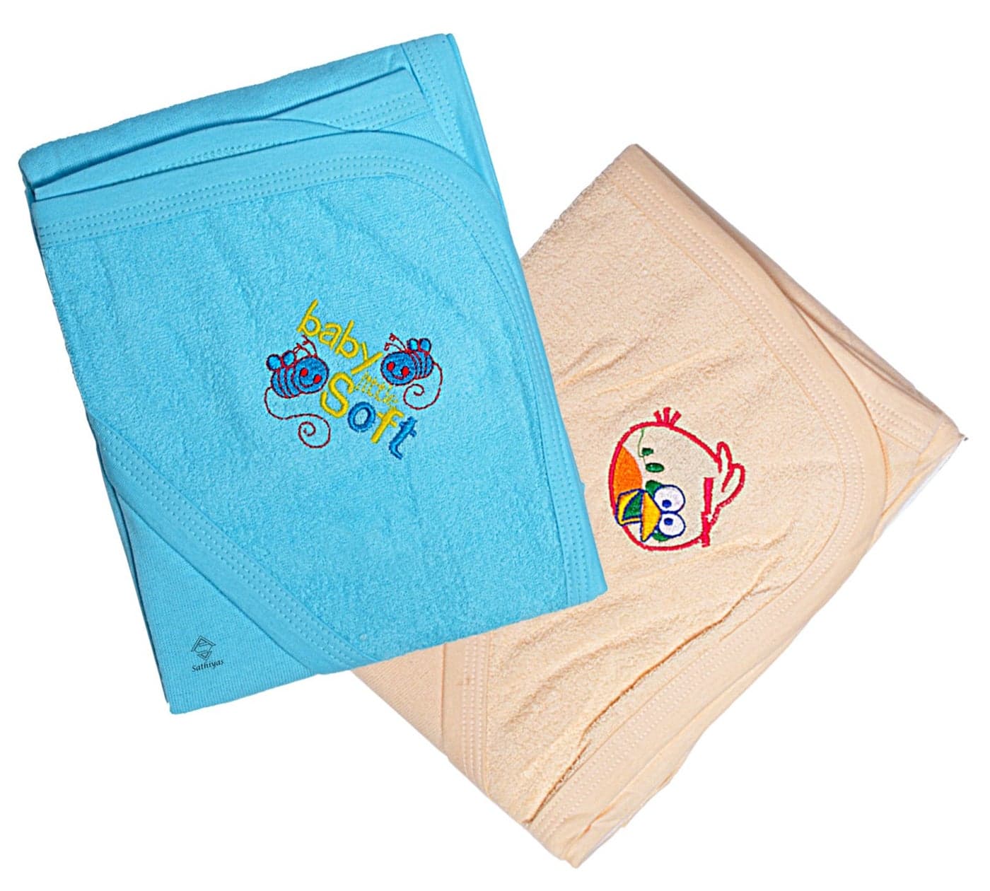 Sathiyas Akash 100% Cotton Embroidered Baby Towels - Pack of 2 (Blue || Cream)
