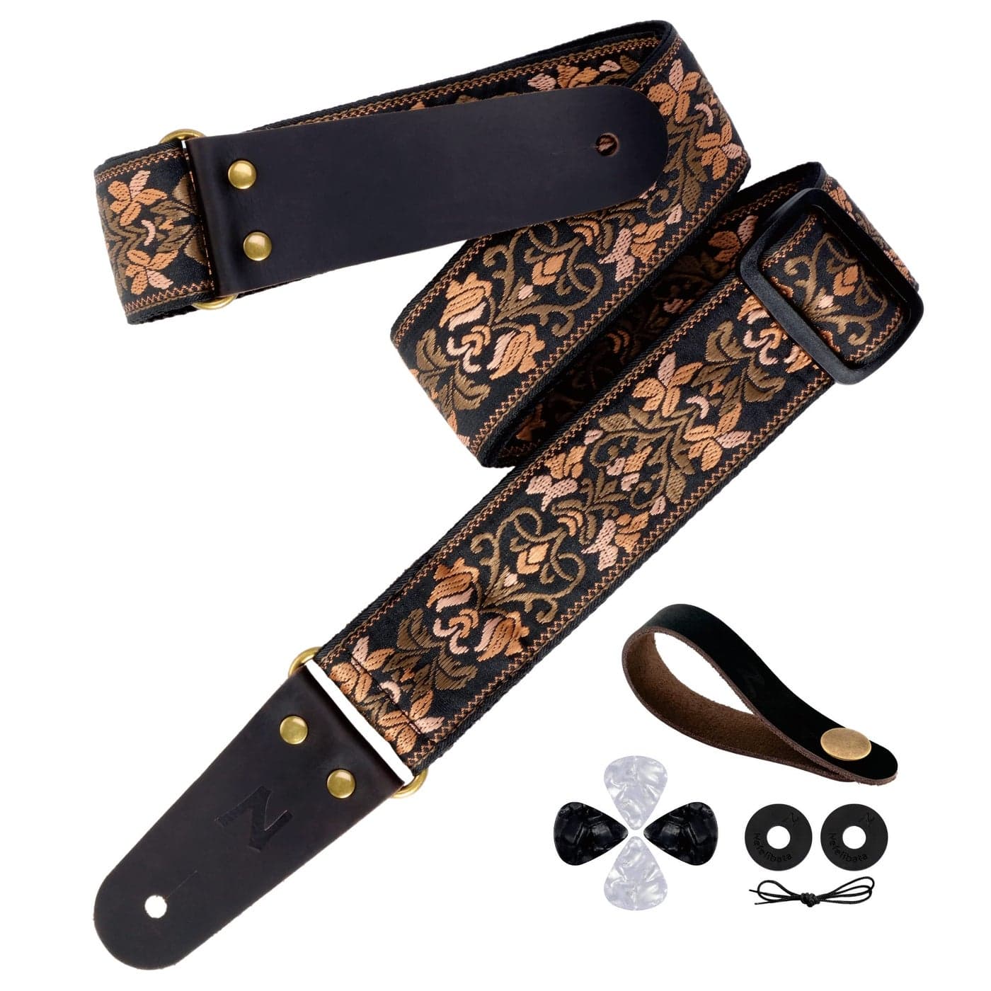 Nefelibata Guitar Strap, 2" Jacquard Embroidery Guitar Straps, Full Grain Leather Ends with Hidden Pocket, for Bass, Electric and Acoustic Guitars, Strap Button, Strap Locks and Guitar Picks