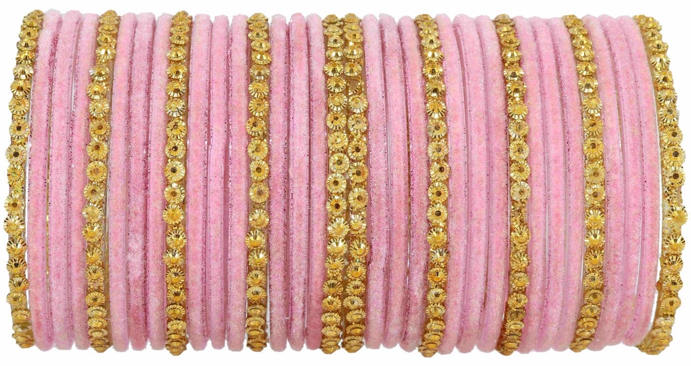 NMII Stylish Glass & Golden Beads Velvet Bangle Set For Women and Girls | Fancy Women's Bangles | Traditional Chudi Set, (F133_Guddan-(3)-Pink-2.8 Inches)