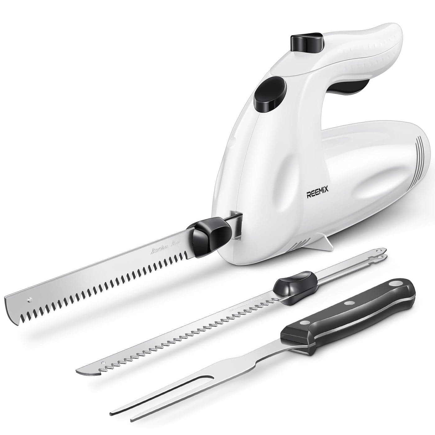 Reemix Electric Knife Set 150W Powerful Electric Knife for MultiPurpose Use One Touch Operation for Meats Poultry Bread 2 Carving Blades and 1 Serving Fork Included