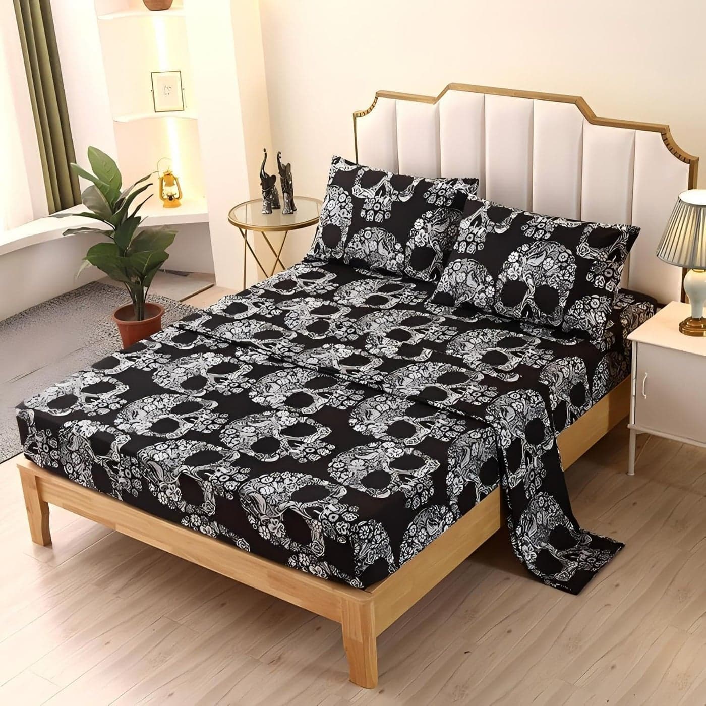 SDIII 4PCS Floral Skull Queen Sheet Set Vintage Gothic Queen Sheets Set Skeleton Queen Bed Sheets Goth Skull Floral Sheets Set Queen for Halloween