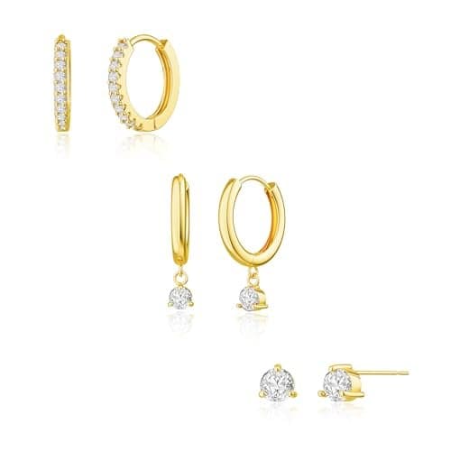 Freekiss Gold Stud Earrings for Women, Dainty Earring Set Simple Tiny 14K Gold Filled CZ Hypoallergenic Huggie Dangle Hoop Earrings Fashion Jewelry for Women Trendy Gifts