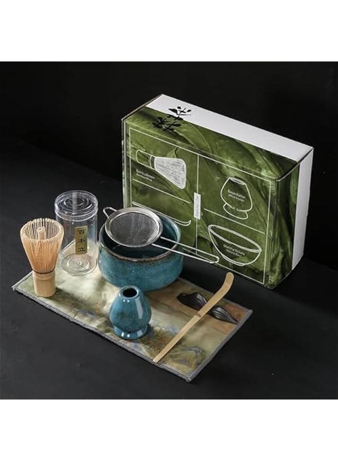 7Pcs Matcha Whisk Set, Japanese Tea Set, Include Matcha Bowl, Matcha Bamboo Whisk, Scoop, Stainless Steel Tea Sifter, Whisk Holder, Matcha Whisk Set, Matcha Green Tea Making Kit (Blue)