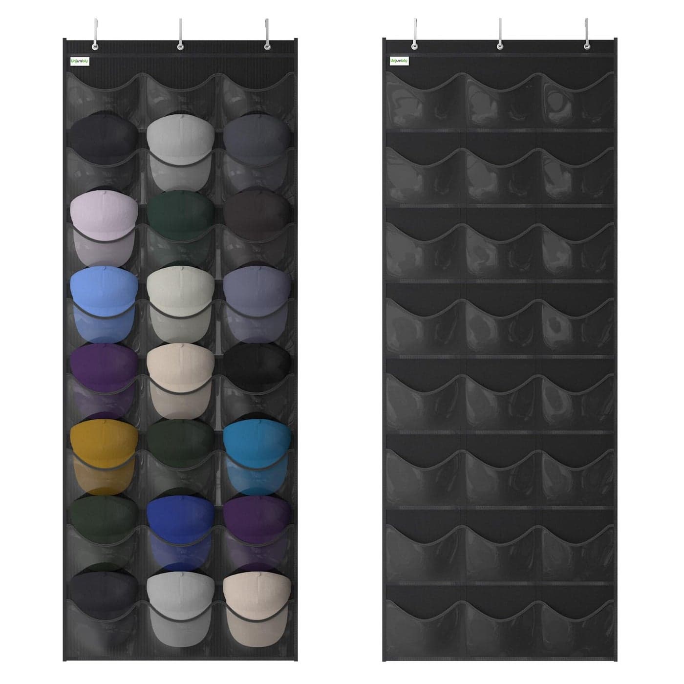 Unjumbly Baseball Hat Rack 24 Pocket OverTheDoor Hat Organizer with Clear Deep Pockets to Display Baseball Caps Collection Complete with 3 Over Door Hooks Black 24 Pockets