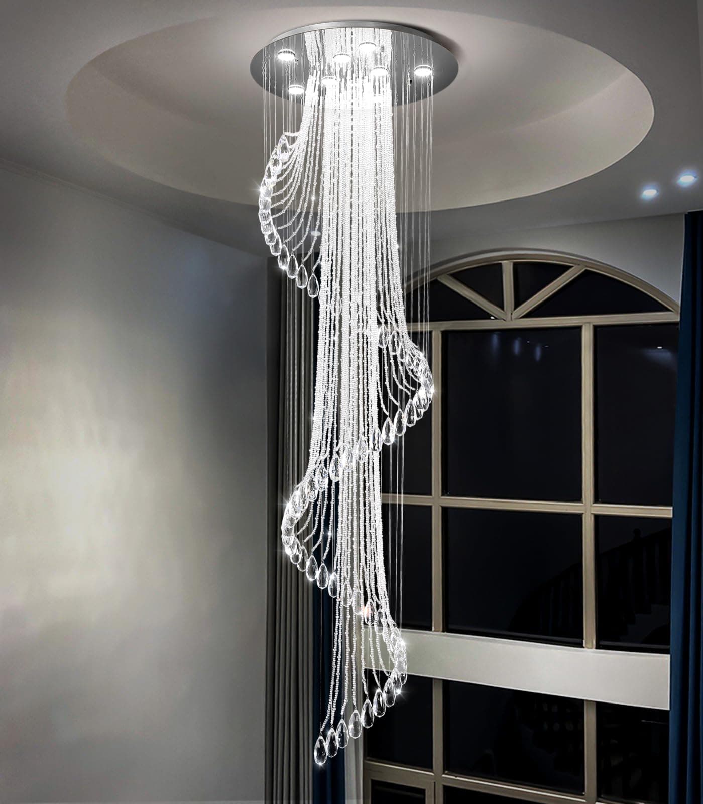 D24'' x H78'' Modern Crystal Chandelier for Foyer Glam Chandelier High Ceiling Chandeliers Large Raindrop Pendant Lights LED Dimmable Light Fixtures for Staircaes Living Room Entryway