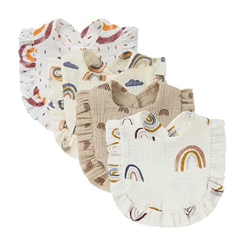 Nishine 4 PACK Solid Muslin Baby Drool Bibs Set for Unisex Boys Girls Cotton Adjustable Teething Feeding Drooling Bibs Rainbow Set