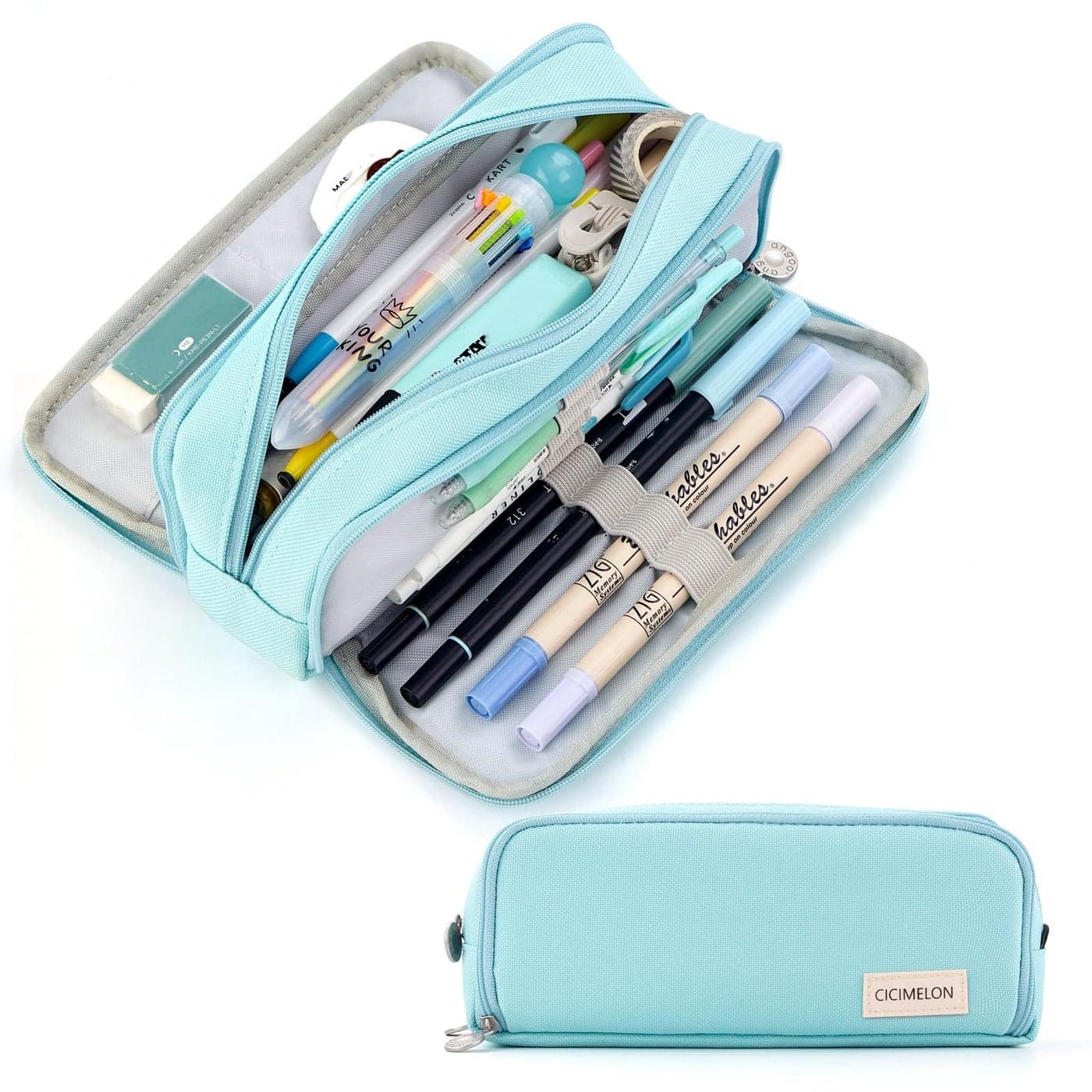 CICIMELON Pencil Case Large Capacity Pencil Pouch 3 Compartments Pencil Bag Gift for Students Girls Adults Women Light Blue