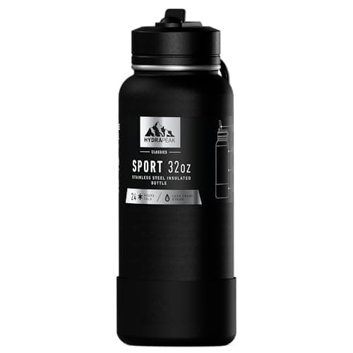 Hydrapeak 32oz Sport Insulated Water Bottle with straw lid, Leak & Spill Proof, Keeps Drinks Cold for 24 Hours, Hot for 12 Hours, Premium Stainless Steel Water Bottles (32oz, Black)