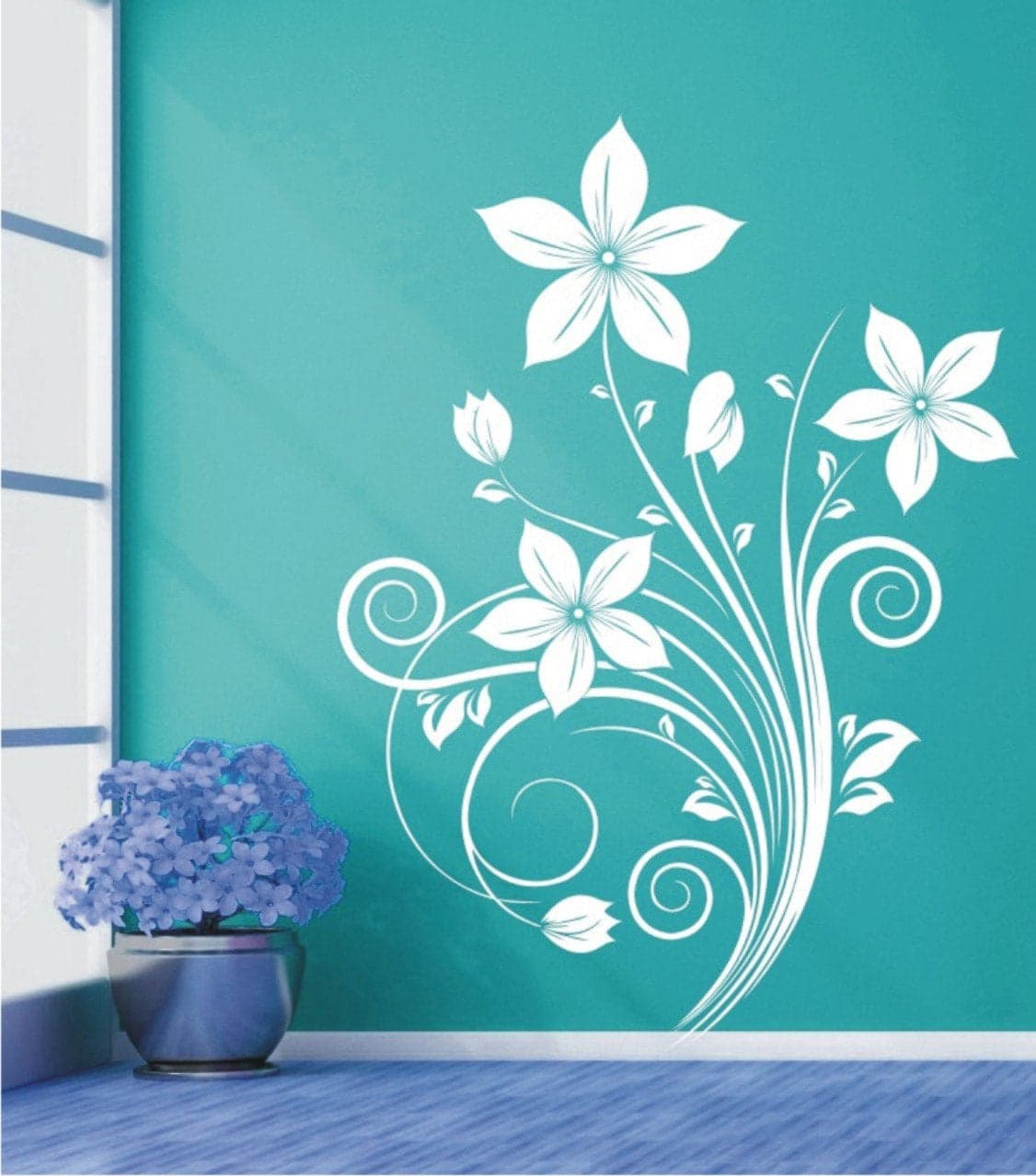 Heaven Decors Flower with Vines Decal, Wall Sticker (Vinyl, 82 x 59 cm, White), Botanical-Self-Adhesive
