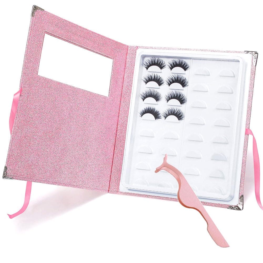 YiQiYi False Eyelash Storage Book Protable 16 Pari Eyelashes Organizer Holder Case Lash Contanier Box Glitter Cover Lash Container Empty Case with Eyelash Tweezer Pink