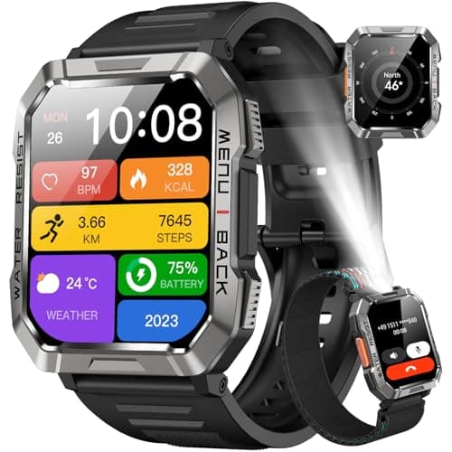 Military Smart Watch for MenAnswerMake Call Outdoor Sports Smartwatch with Flashlight100 Days BatteryCompassHeart RateSpO2Sleep Monitor2 Straps Fitness Tracker for iPhoneAndroid Phones