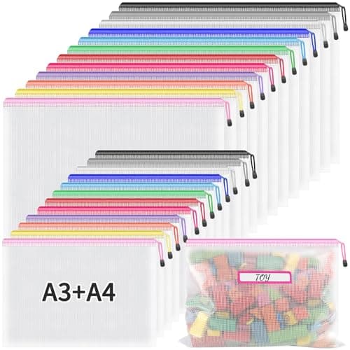 Umriox Mesh Zipper Pouch Bags A3A4 12 Colors 24 Packs Large Storage Bags Zipper Bags for Office Supplies Travel Accessories and Board Games Storage