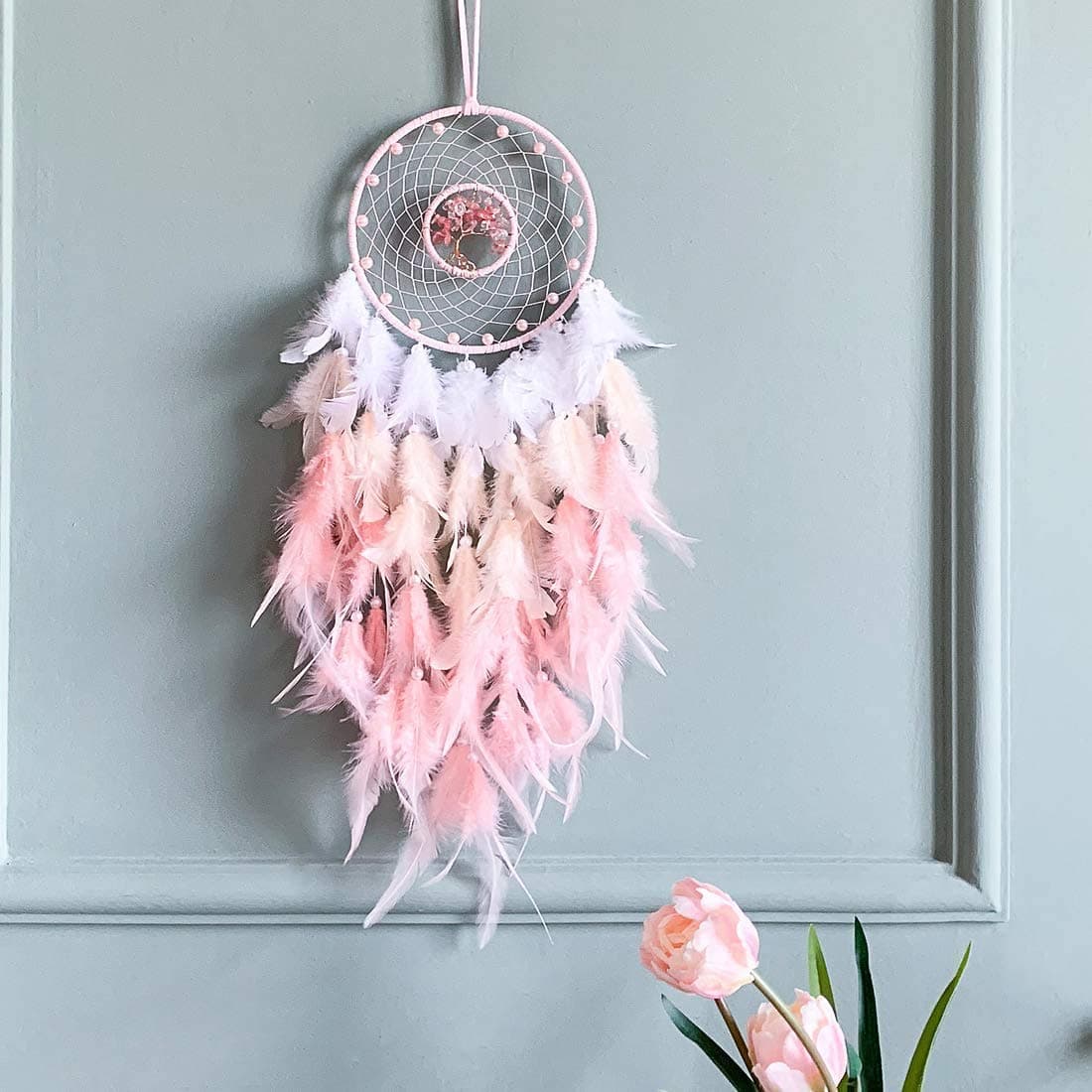 Dream Catchers Pink Dream Catcher Tree of Life Wall Decor with Natural Healing Crystal Stone Perfect Pink Crystal Handmade Dreamlike Dream Catchers for Girls Bedroom Decor Art Craft Gift