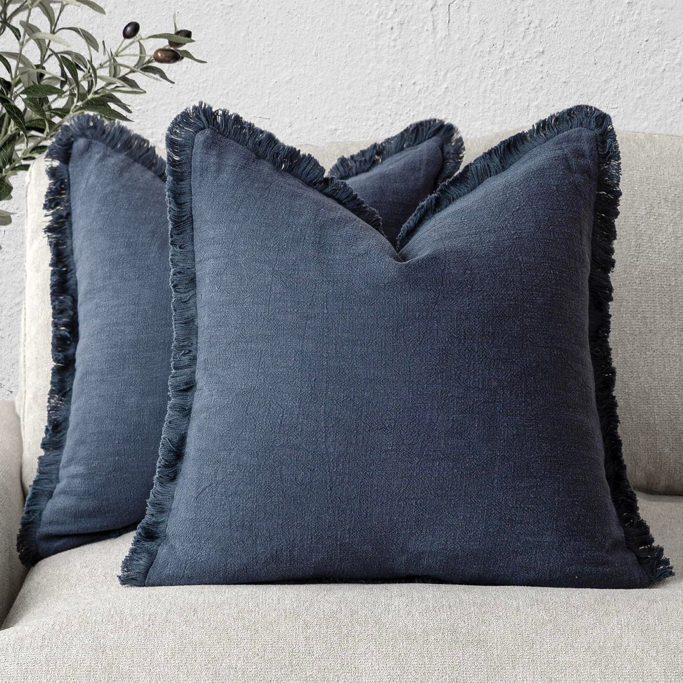 Foindtower Set of 2 Decorative Linen Fringe Throw Pillow Covers Cozy Boho Farmhouse Cushion Cover with Tassels Soft Accent Pillowcase for Couch Sofa Bed Living Room Home Decor 2222 Inch Navy Blue