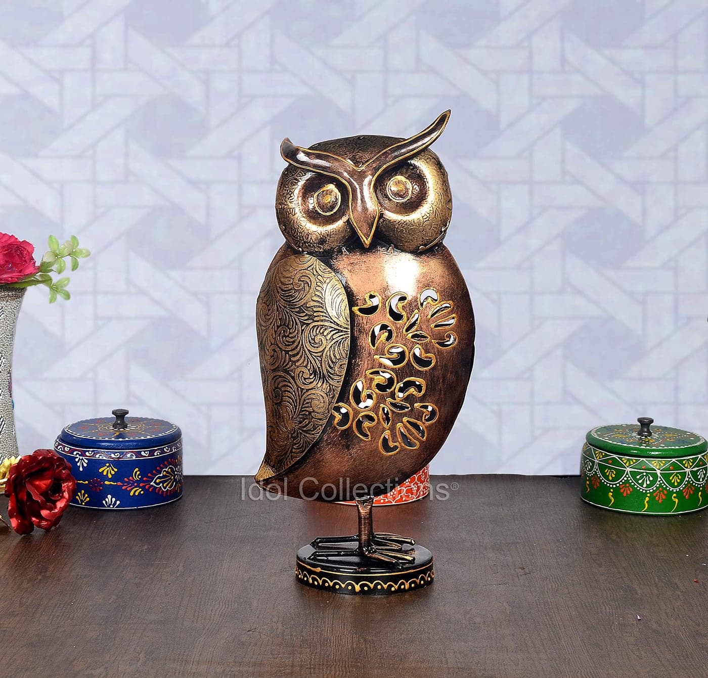 Idol Collections Metal Owl Bird Decorative Showpiece Items Vintage Owl Statue for Home Decor Living Room Table Top Diwali Decoration & Diwali Gifts with Metal Base Height 14 Inch