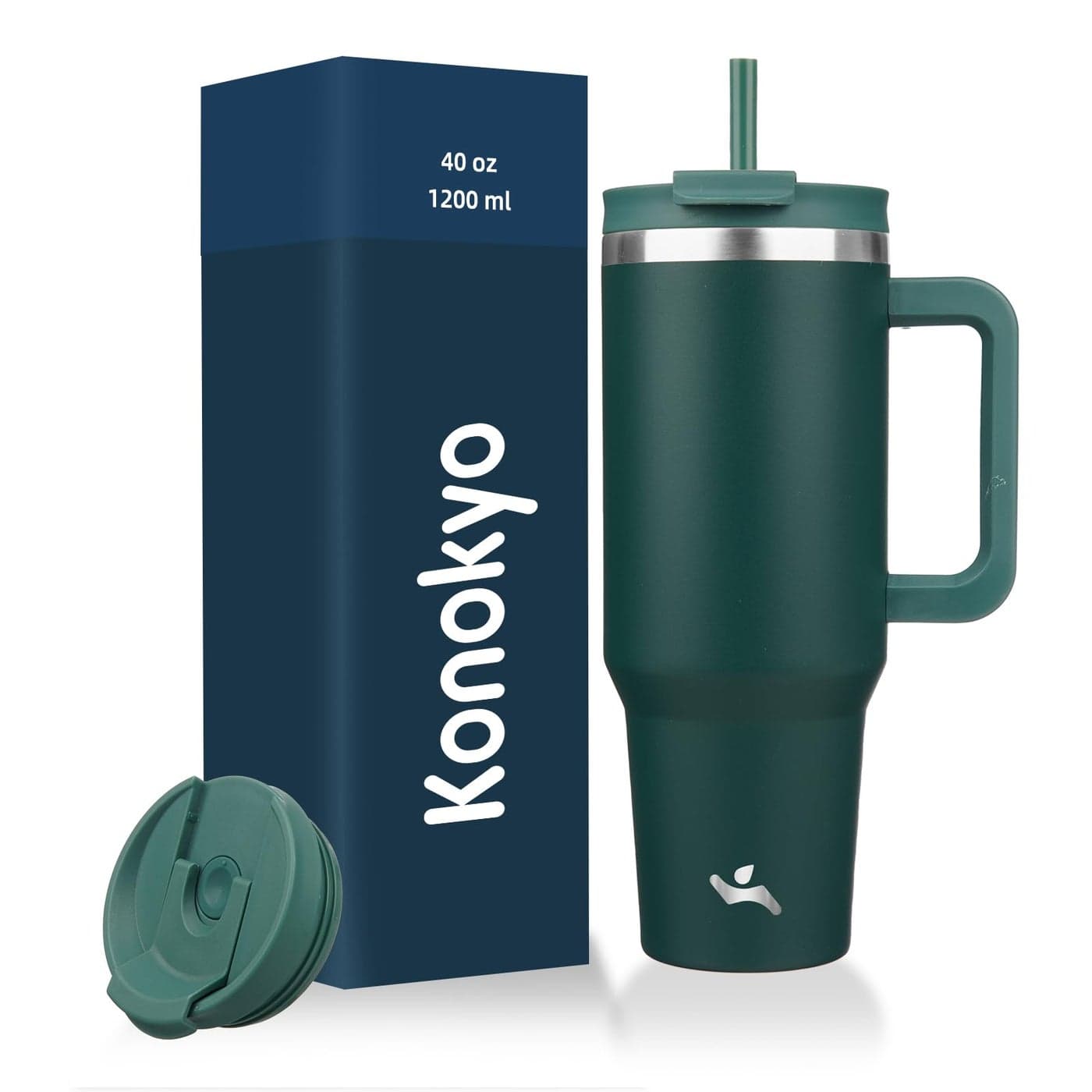 Konokyo 40 oz Tumbler with Handle and 2 Straws2 in 1 Lid Insulated Water Bottle Stainless Steel Travel Coffee MugDark Green