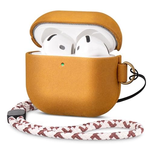 Maogoam Genuine Leather Case for AirPods 4 with D Clip Hand Strap, Vintage Cover Compatible with AirPods 4th Gen 2024, Aged Patina, Wireless Charging for Stylish Professionals, Khaki Brown
