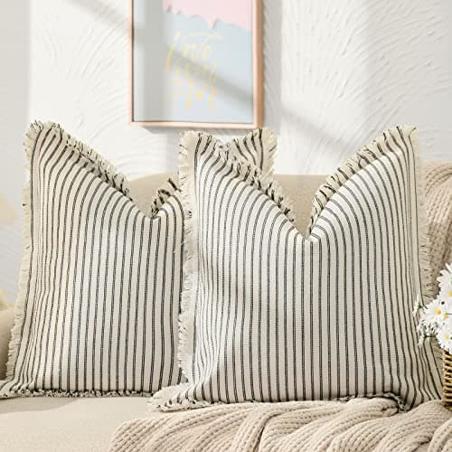 ZWJD Throw Pillow Covers 18x18 Set of 2 Striped Pillow Covers with Fringe Chic Cotton Decorative Pillows Square Cushion Covers for Sofa Couch Bed Living Room Farmhouse Decor