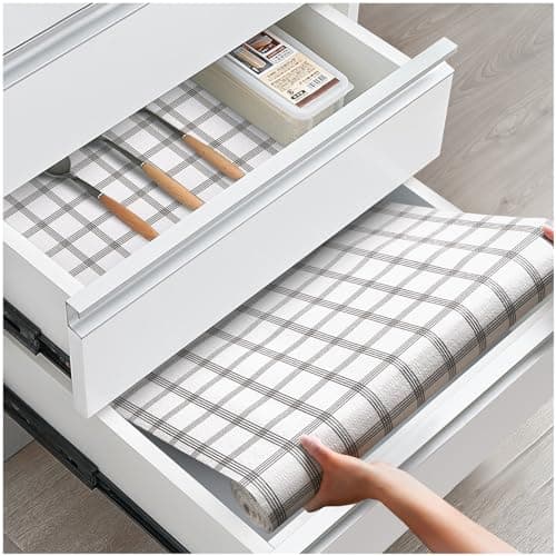 ALIUNI Drawer and Shelf Liner NonSlip Kitchen Cabinet Liners NonAdhesive Thick Strong Grip Waterproof Washable Mats Protect Dresser Shelves Cupboard Bathroom Cabinets White Stripes 12 in X 20 FT