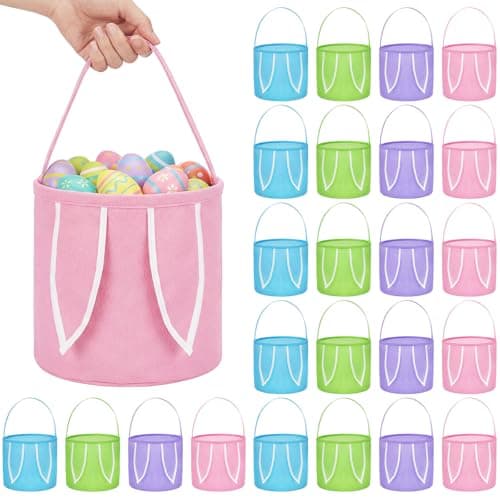 Teenyyou 24 Pcs Easter Bunny Buckets with Handles Easter Rabbits Fabric Treat Bulk Candy Bucket Baskets Candy Gifts Tote Bag for Parties Sport